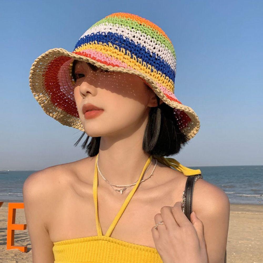 Visor Sunscreen Bucket Hat Crochet Beach Fisherman Hat Fashion Rainbow Straw Hat Girl