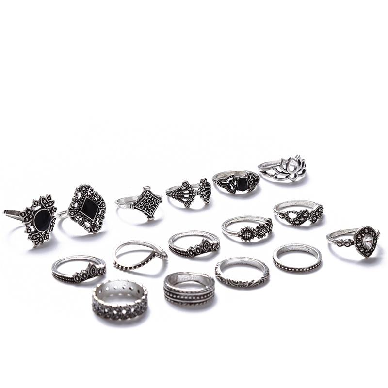 Серебро 15 шт. / Набор старинных панк-цветок резьба мини-кольцо на палец для женщин в богемном стиле