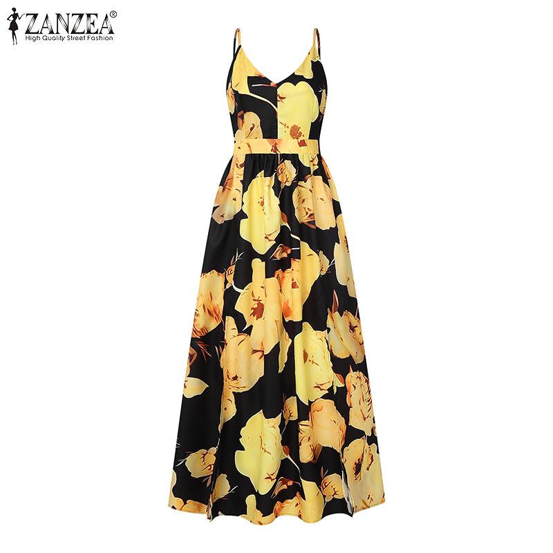 ZANZEA Женское праздничное повседневное платье без рукавов с V-образным вырезом и цветочным принтом в стиле бохо