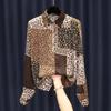 Elegant Moda Koreyscha Uslub Satin Ko'ylak Ayollar Bahor Yangi Leopard Patchwork Top Kundalik Polo Yoqali Uzun Yengli Ayollar Bluzkalari