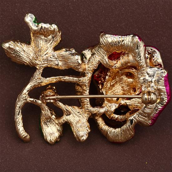 Rose Flower Brooch Green Leaves Rhinestone Oil-Dripping Vintage Sparkling Gift Elegant Business Suit