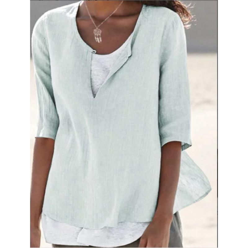 DAFIFY Женские модные повседневные летние весенние однотонные блузки и рубашки с круглым вырезом и рукавами 1/2 с принтом