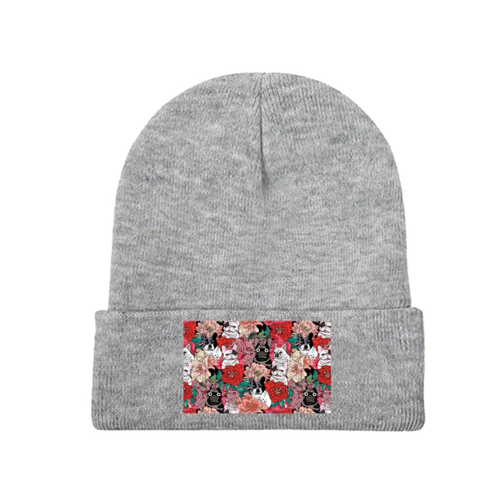 Flowers French Bulldog Knit Hat Beanie Winter Hats Warm Acrylic Street Caps Unisex Women