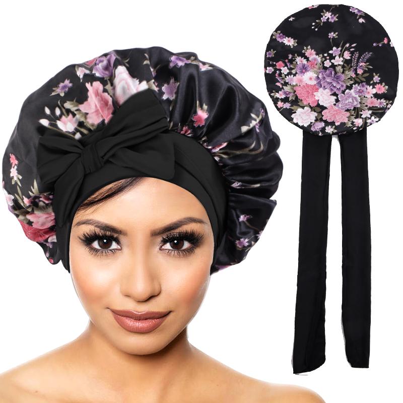 New Satin Bonnet for Sleeping Curly Hair Cover Sleep Cap Silky Night Caps for Women Large Silky Sleep Bonnet with Tie