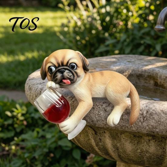 Balcony Patio Decoration Lying Pug Statue for Planter, Dog Figurine with Red Wine Tabletop Animal Ornament Glass, Cute Resin Flower Pot Edge