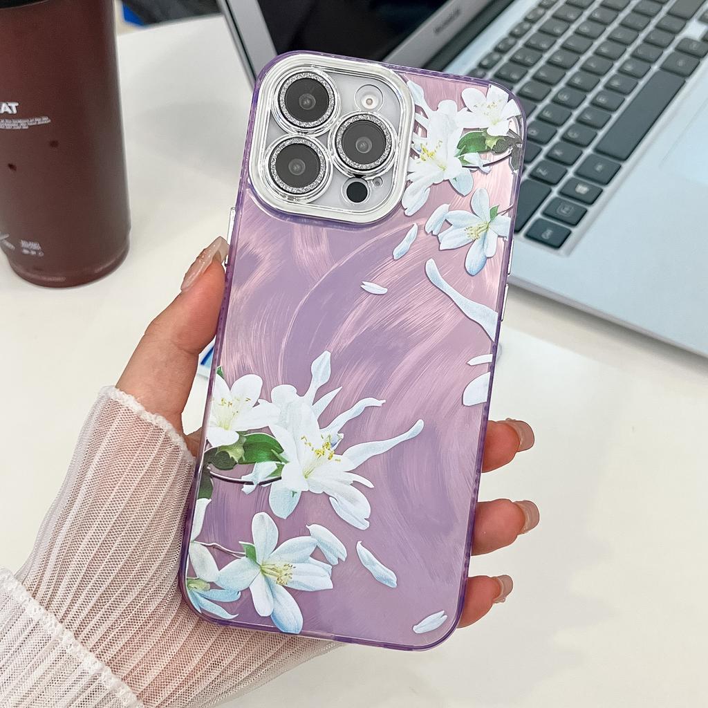 For Apple 16E Flower Phone Case for IPhone 15 Promax with Bracelet Sparkling Pink Lens Film Hard Case