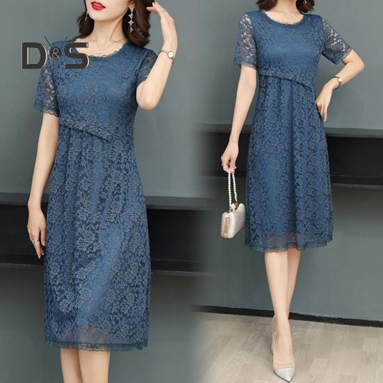 Women Dress Hollow Out Lace Round Neck Solid Color Flower Embroidery A Line Loose Hem Double Layers Knee Length Short Sleeve Lady Midi Dress