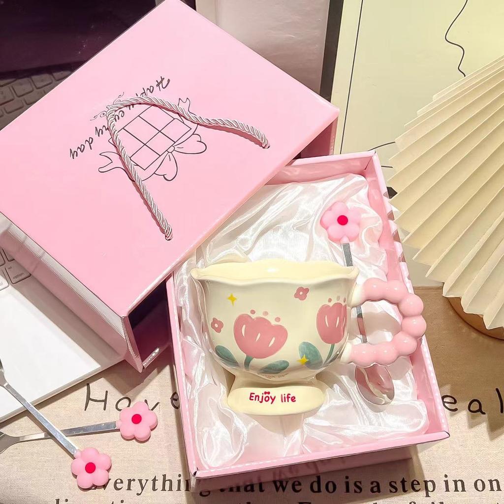 Girls Birthday Gift Ceramic Coffee Mug Creative Flower Design High Value Household Cup