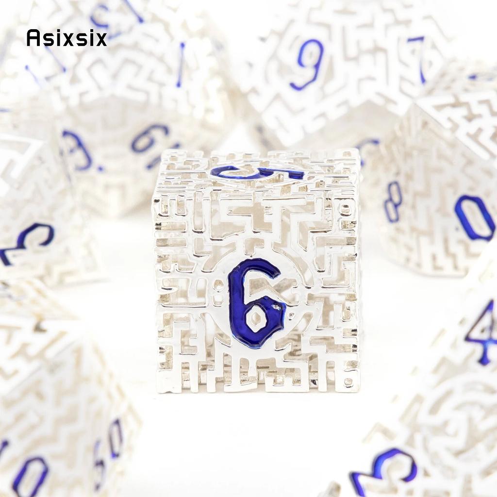 7 Pcs White Blue Metal Dice Maze Hollow Metal Polyhedral Dice Set Suitable for Role-Playing RPG Board Game Card Game