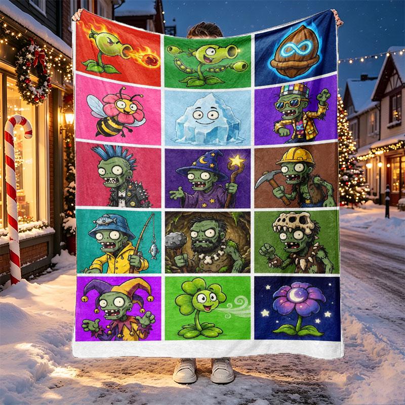 Plants vs. Zombies Pattern Blanket for Home Decoration, Bed, Sofa, Car Travel, Camping, Suitable for All Seasons, Birthday Christmas Gift