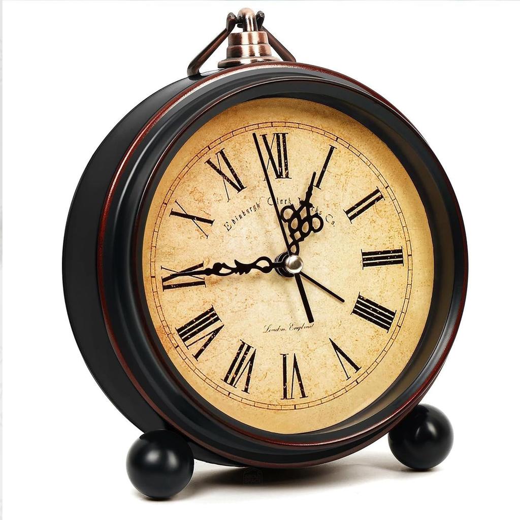Vintage Alarm Clock Round Silent Analog Table Clock Non-Ticking with Roman Numerals, Hanging Hook - Battery Powered for Home Office Students