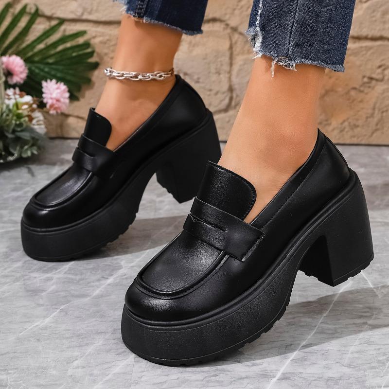 Fashion 2025 Hot Sale New Loafers Women's High Heels Round Toe Chunky Heels Classics Daily & Office Pumps Women Slip On Platform Shoes