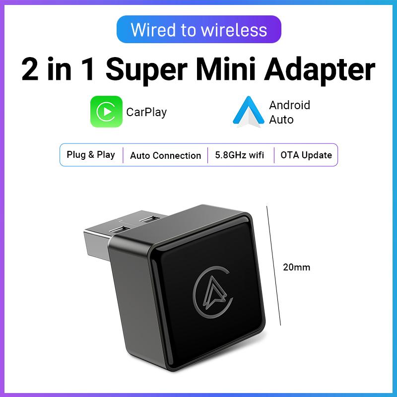 Новое обновление Универсальный беспроводной адаптер CarPlay/Android Auto Подключи и работай Обновление по воздуху Bluetooth Wi-Fi Быстрое подключение Подходит для 99% автомобилей