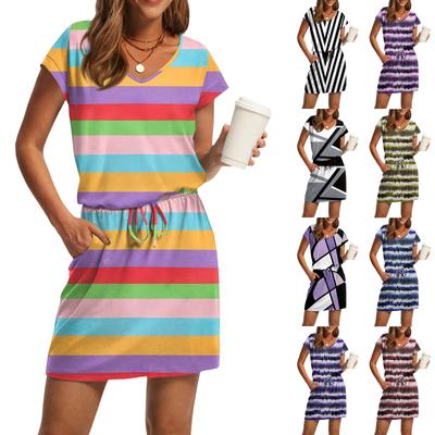 Женские модные повседневные платья с V-образным вырезом и коротким рукавом, на завязках и карманах с принтом