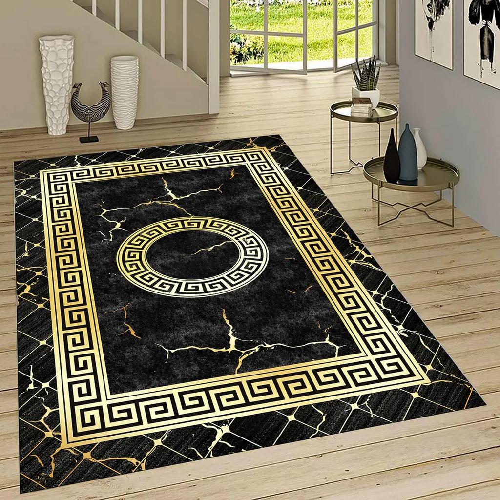 Black and Gold Greek Motif Rug Marble Pattern Carpet Anti-slip Floor Mat Suitable for Living Room Bedroom and Home Decoration