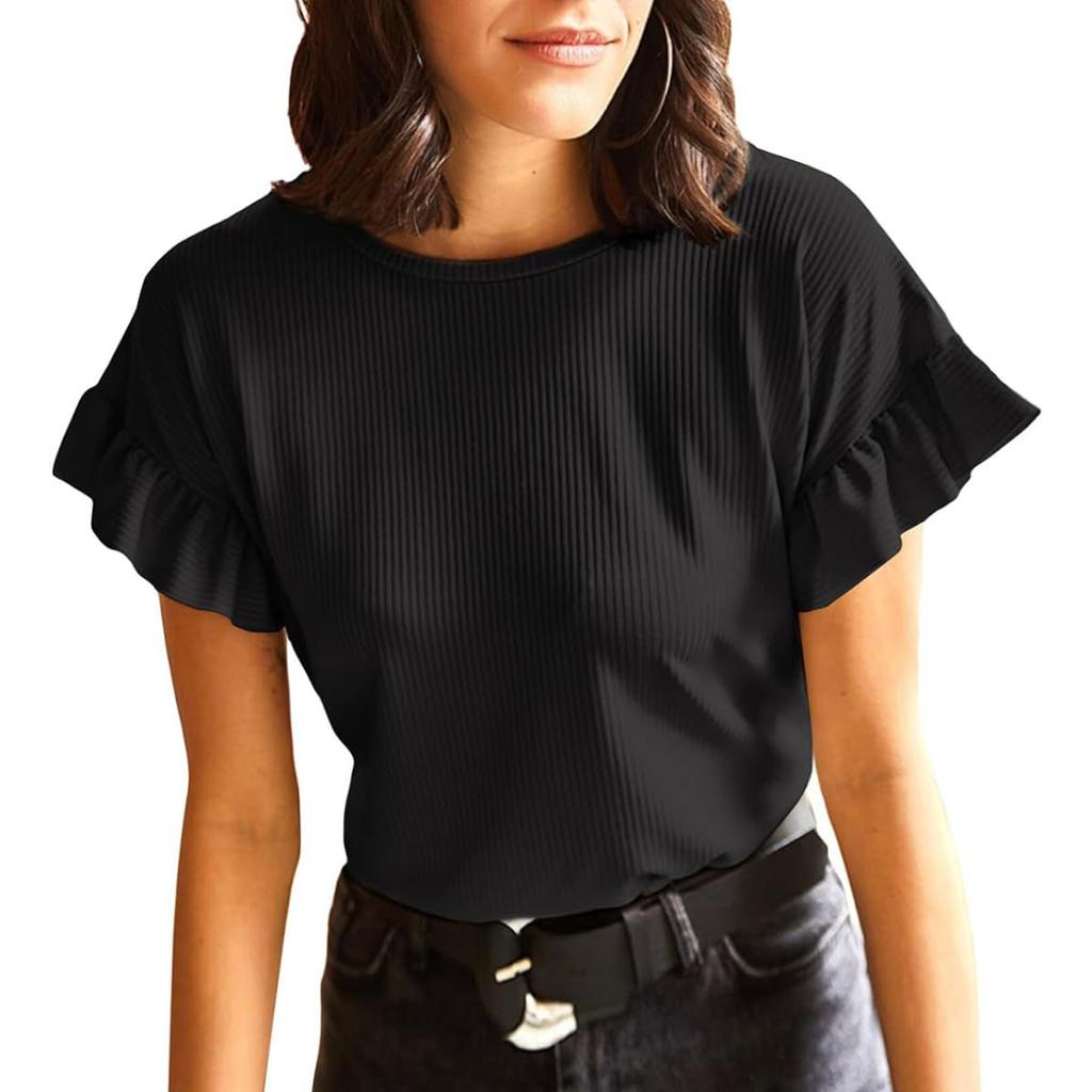 Женская футболка с коротким рукавом, повседневные базовые футболки, летние однотонные вязаные футболки свободного покроя с рюшами и круглым вырезом, блузки