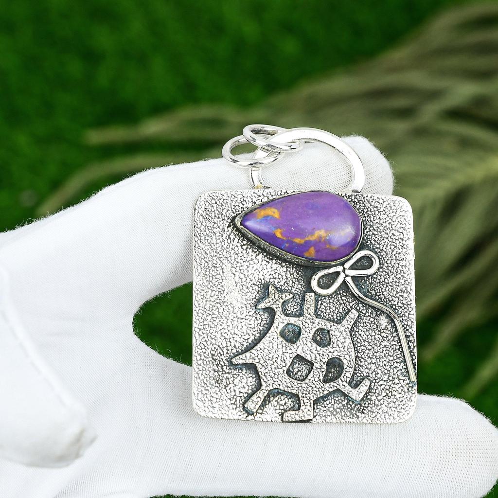 Friendship Day Sale 925 Silver Copper Purple Turquoise Gemstone Bezel Pendant