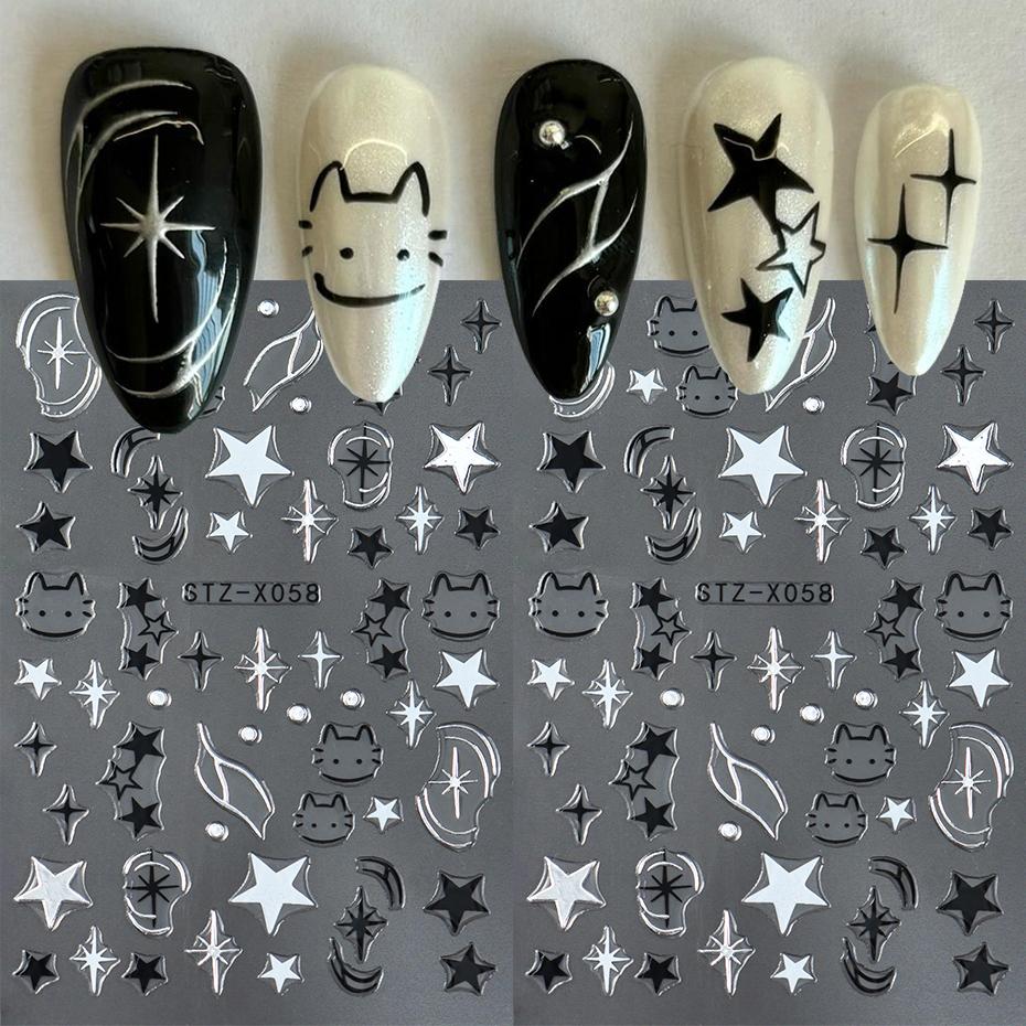 Black Silver Cat Animals Nail Sticker Decals Y2K Charms Cute Dog Cartoon Adhesive Sliders Foils For Manicure Nail Art Decoration