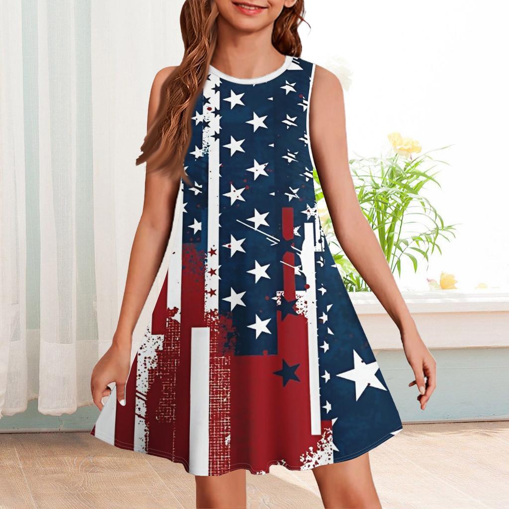Girl Summer Dress Sleeveless Printed Color Casual Dress