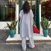 European and American style medium and long casual short-sleeved striped shirt high waist wide-leg pants African new women's fashion two-piece set