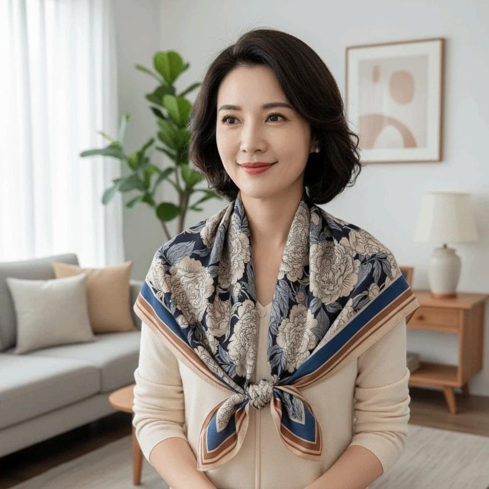 Lightweight Double-sided Printed Silk Scarf Breathable Retro Patterned Square Shawl Spring