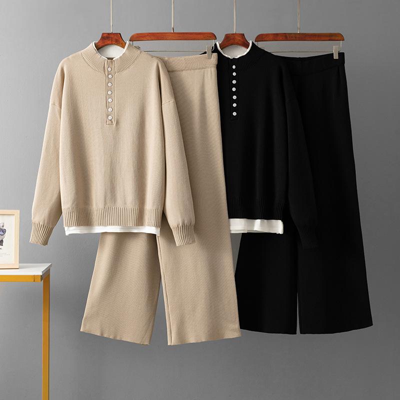 Модный повседневный шерстяной костюм женский осенне-зимний новый свободный свитер вязаные широкие брюки комплект из двух предметов