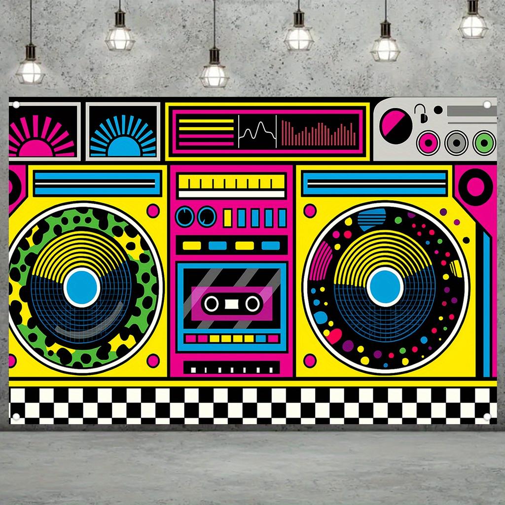 Vintage colorful sound system, retro party banners from the 70s, 80s, 90s, graffiti hip-hop style background