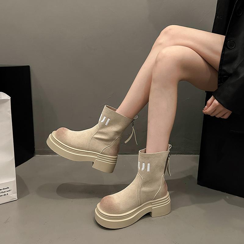 Retro Fashion Small Boots Thick Sole Heightening Autumn Internet Celebrity Martin Boots Women French British Style Fashion Short Boots