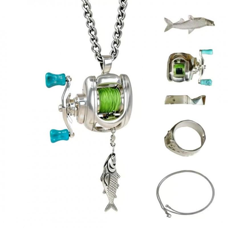 Rotatable Mini Fishing Reel Pendant Necklace Set 3-Piece Cool Lure Fishing Jewelry Kit Unique Rotating Reel Charm Accessories