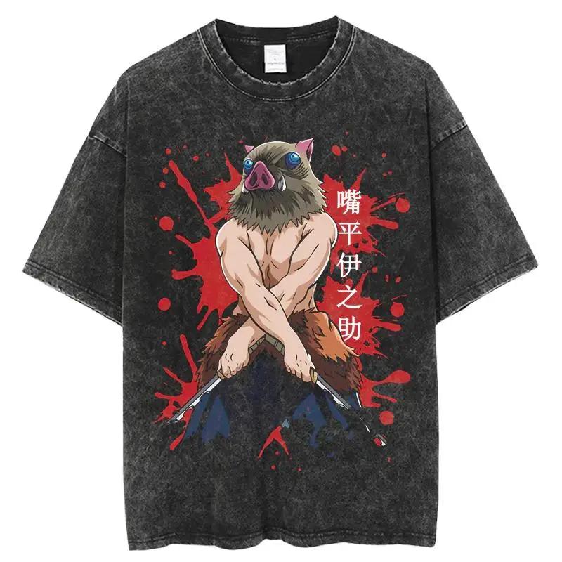 Demon Slayer Anime Printed Tshirt Mens and Womens Washed Tshirt High Quality Vintage Cotton Tshirt Harajuku YK Tops