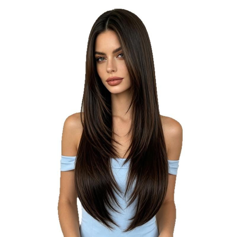 Womens Matte Silk Wig Middle Part Long Bangs Layered Straight Hair Rose Net
