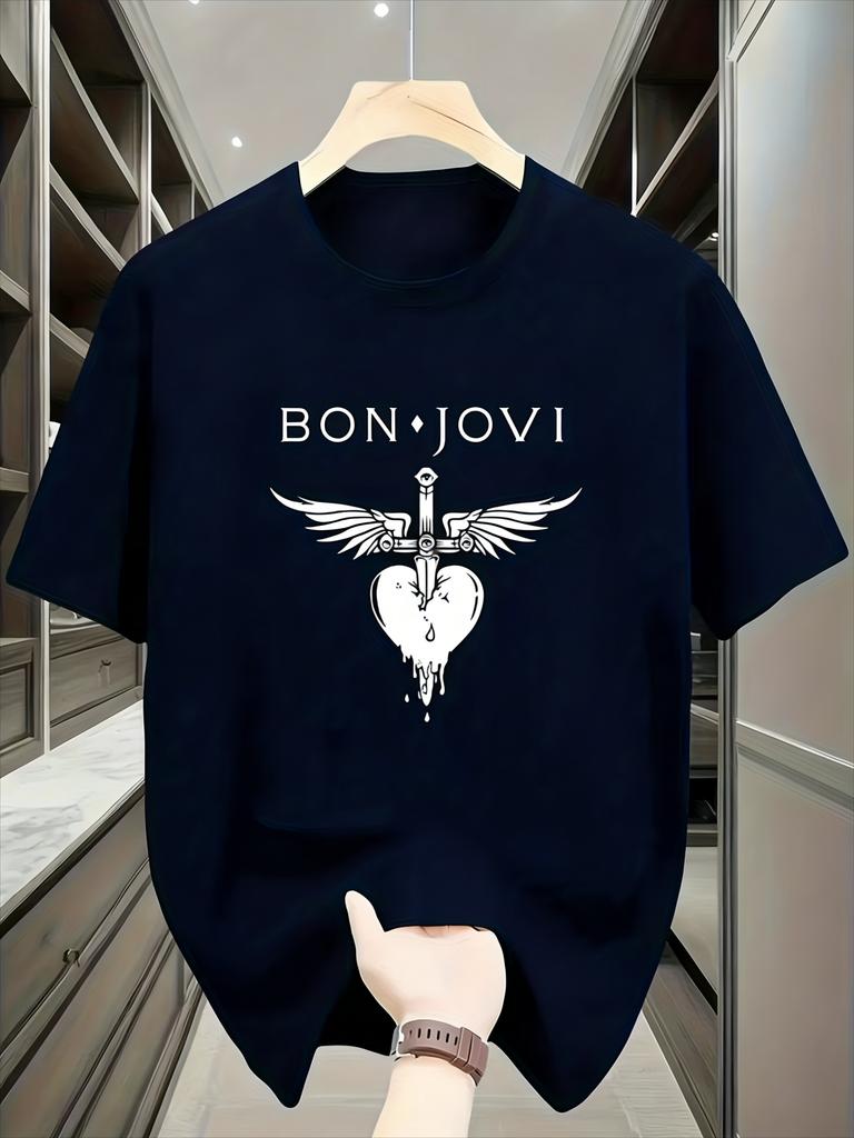 Унисекс футболка с графикой Bon Jovi Винтажный рок-стиль Мягкая и дышащая Чистая короткорукавная футболка Поп-музыка Уличная одежда 2026 Новый летний