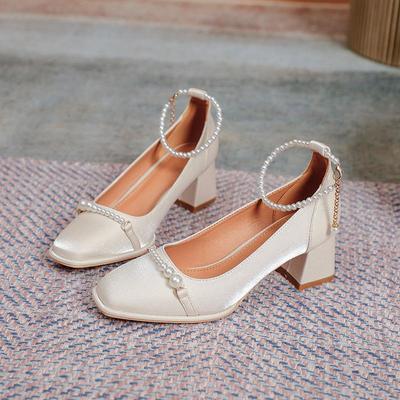 2025 новые ретро жемчужные туфли-лодочки на толстом каблуке женские с неглубоким вырезом, жемчужным ремешком Мэри Джейн, простые туфли-лодочки с квадратным носком и высоким каблуком