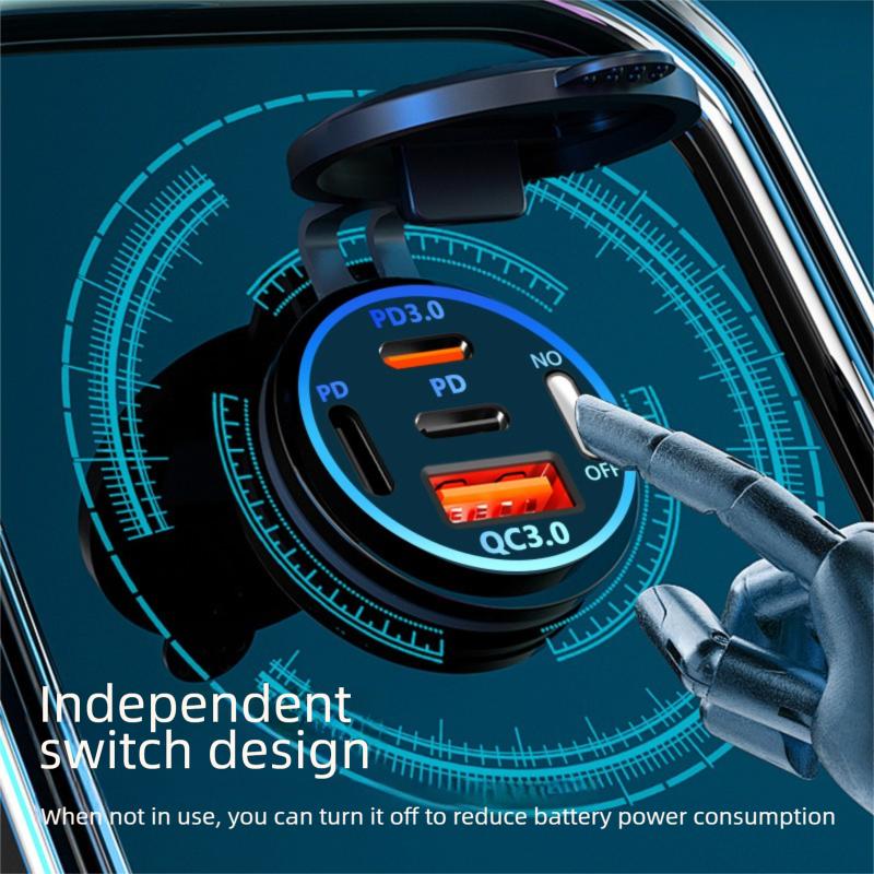 PD+QC3.0 Fast Charging USB Car Charger Socket with Voltmeter, Aluminum Alloy Waterproof Power Outlet