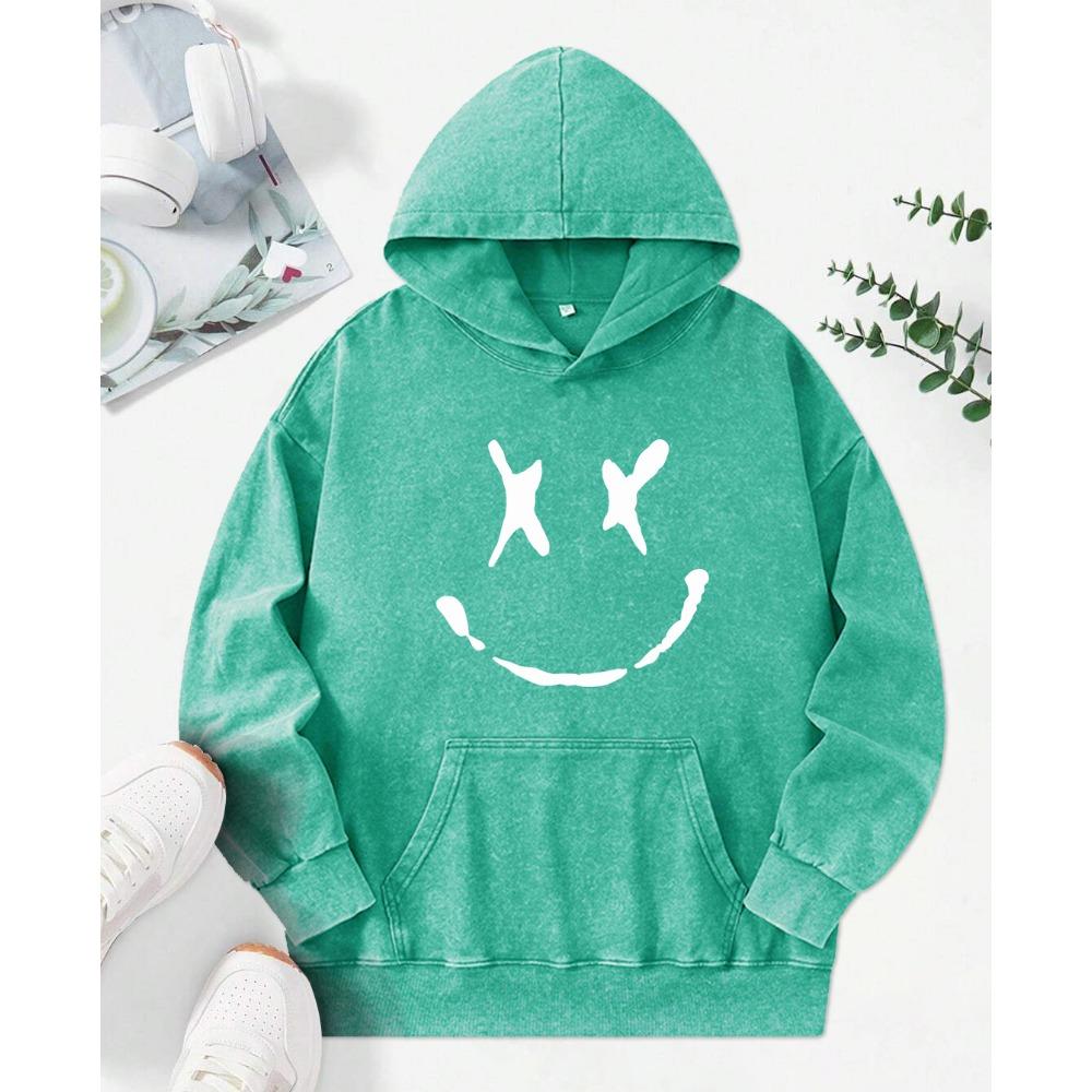 Creative Smiling Printed Washed Hoodies Women Hip Hop Cotton Streetwear Autumn Fashion Clothes Casual Hoody