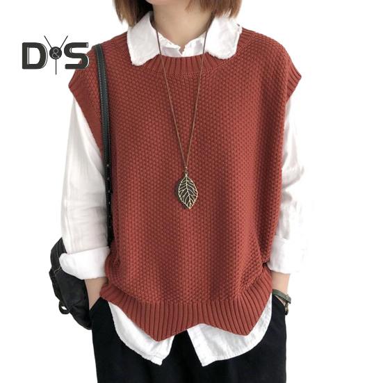 Women Knitted Vest Autumn Winter O Neck Solid Color Wavy Hem Warm Soft Loose Casual Female Ladies Waistcoat Sleeveless Top Knitwear