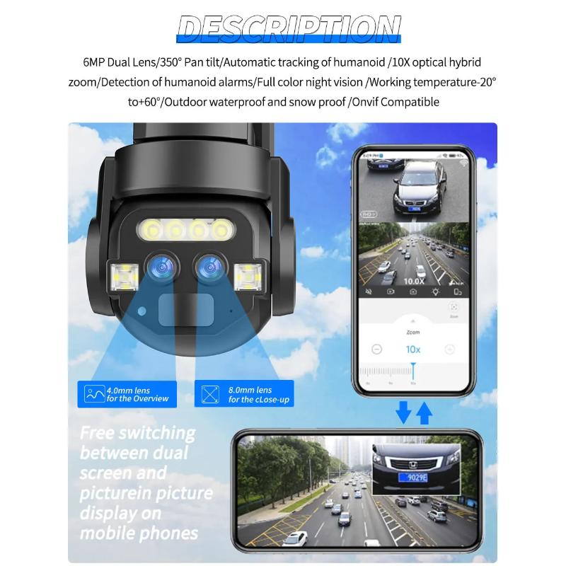 6MP Wifi PTZ 10X Zoom Уличная водонепроницаемая HD камера с двумя объективами и экраном AI Auto Tracking IP-камеры CCTV Видеонаблюдение