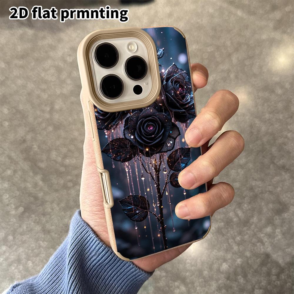 Phone Case: 2D flat lambskin suitable for iPhone 18, 17, 16, 15, 14, 13 Pro film protective case, four black crystal roses, Christmas and Halloween gi