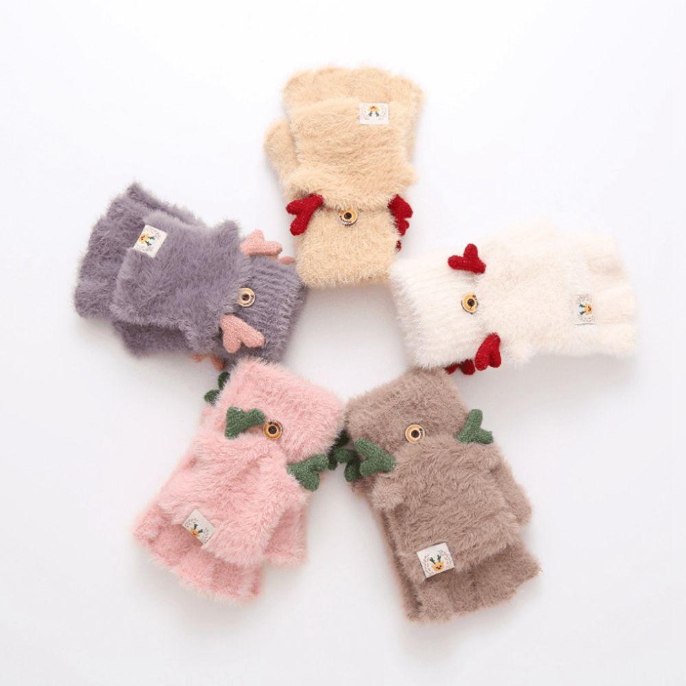 Autumn And Winter Antlers Flip Mittens Female Gloves Christmas Wool Mittens Half-finger Gloves