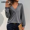 Spring and Autumn Lace Splicing Long Sleeve Blouse Layered V-neck Solid Simple Peplum Top