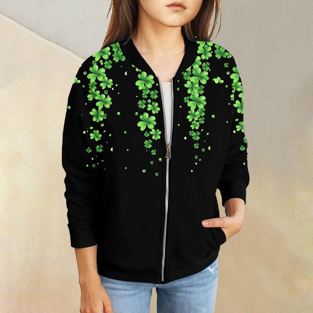 Девочки куртки на молнии детские осенние толстовки с длинным рукавом верхняя одежда с карманами St. День Святого Патрика 5-15 лет