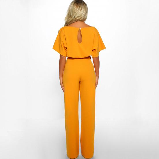 Women Jumpsuit with Lace-up Belt Wide Leg Short Sleeves Pure Color O Neck High Waist Outfit Casual Formal Long Romper Outfit