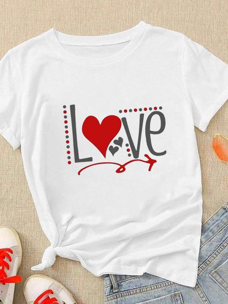 (Азиатский размер) Симпатичная женская модная одежда с надписью Love Heart Trend, повседневная футболка с коротким рукавом, женская футболка с принтом, футболки с графическим рисунком