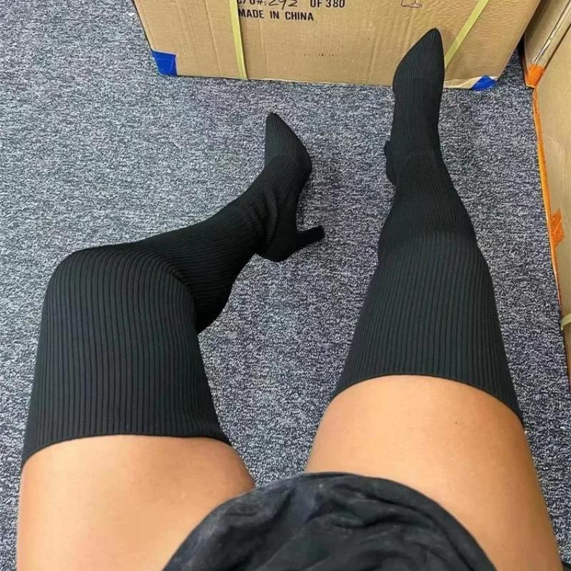 Сексуальные тонкие эластичные сапоги выше колена коричневые фиолетовые с острым носком на высоком каблуке женские туфли вязаные тонкие носки сапоги большие