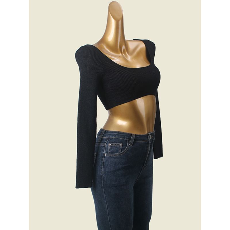 American Sexy Crop Top Sexy Base Shirt Low Round Neck Silm Early Autumn Inner Wear Pullover Short Knitwear