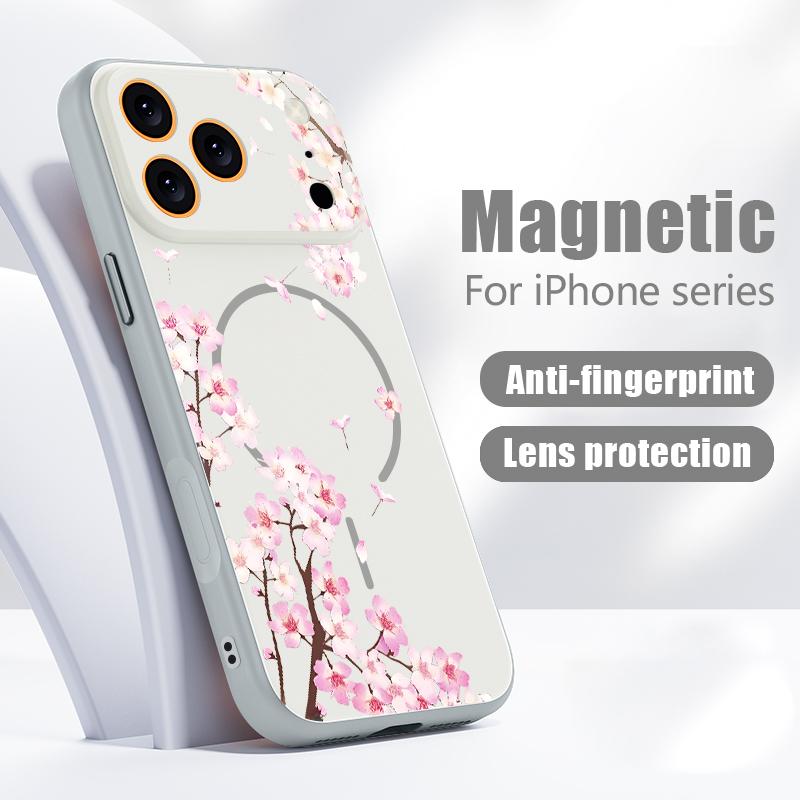 Pink Peach Blossoms Floral Pattern For iPhone 17 Pro Max Funda iPhone 16 15 14 13 Pro Max Skin Feeling Magnetic For Magsafe Shockproof Bumper Cover