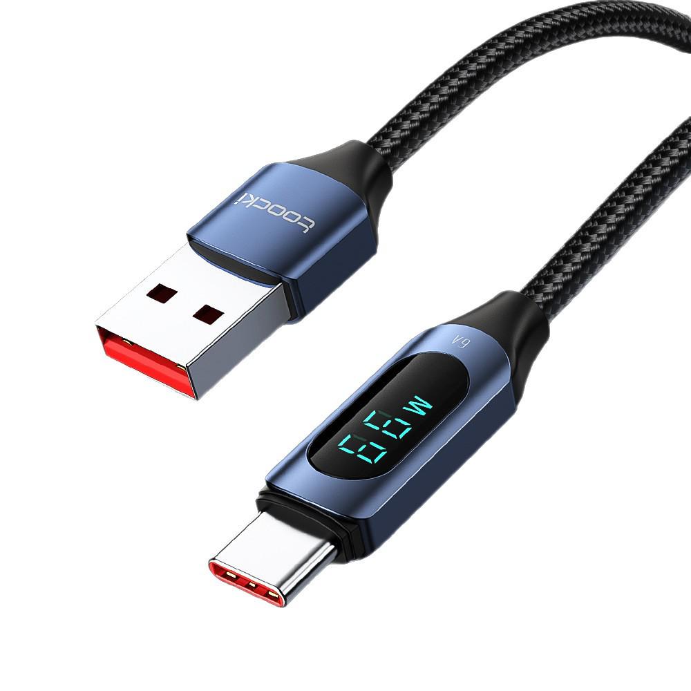 Быстрозарядный USB-C кабель Toocki 66 Вт с цифровым дисплеем для Huawei, Honor и Xiaomi.
