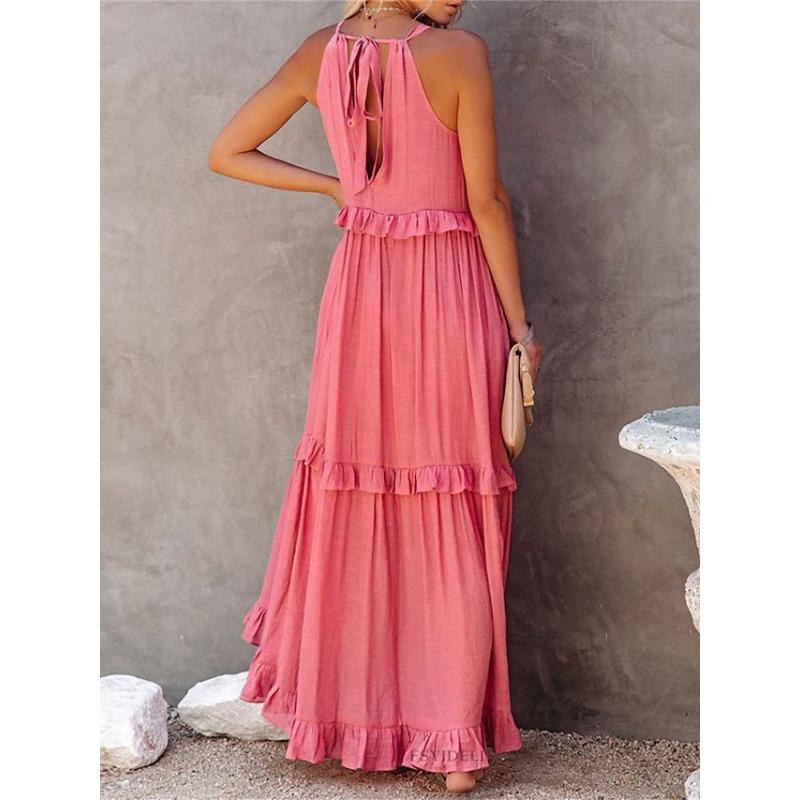 Fashion Elegant Sleeveless Ruffled Maxi Long Dress New O Neck Loose Casual Simple Summer A-line Beach Dresses Female Pleated Solid Color Clothing