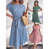 Women Spring Summer Short Sleeve High Waist Chic Dress Fashion Floral Pleated A Line Long Dress