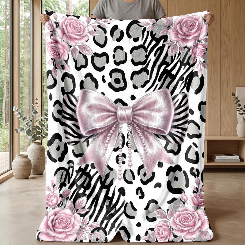 Pink Roses and Bow on Animal Print 1 Theme blanket Lightweight Warm Flannel Blanket Decorative Throw Blanket for Home Decoration